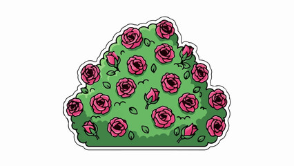 A charming cartoon illustration of a green rose bush adorned with numerous vibrant pink blossoms and buds, isolated