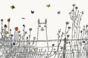 Obraz premium Playful Llama Surrounded by Colorful Wildflowers