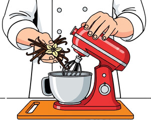 A chef's hands adding vanilla pods and a flower to a red stand mixer with a silver bowl on a cutting board