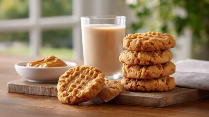 Warm peanut butter cookies stacked beside a glass of almond milk on rustic wooden board in cozy daylight with inviting, comforting atmosphere
