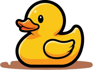 A cheerful yellow toy duck with an orange beak sits on a brown surface