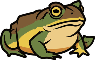 A charming cartoon illustration of a plump green and brown frog with prominent yellow eyes, isolated