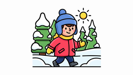 A child in a red coat and blue hat walks through a snowy forest under a bright sun