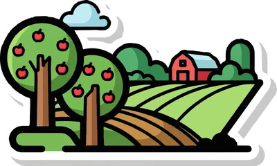 A charming cartoon illustration of a rural farm scene with apple trees, cultivated fields, and a red barn