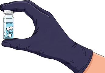 A gloved hand holds a small vial filled with blue liquid and white pills
