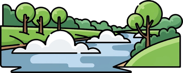 A charming cartoon illustration of a serene river winding through lush green hills dotted with trees under a clear sky