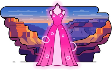 A glowing pink gown stands on a mannequin against a dramatic sunset canyon backdrop