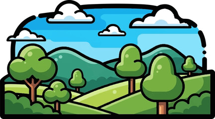 A charming cartoon landscape illustration featuring rolling green hills, lush trees, and a bright blue sky with clouds