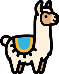 A charming cartoon llama with a beige coat and a decorative blue and yellow saddle against a white background