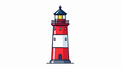 A charming cartoon lighthouse illustration with red and white stripes, featuring a yellow glowing light