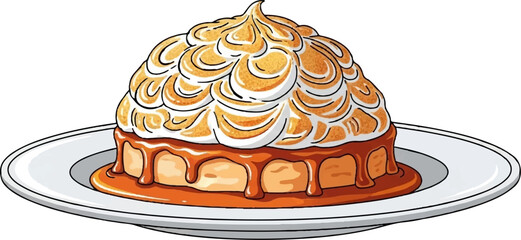A golden-brown meringue-topped dessert with caramel sauce drips on a white plate