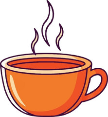 A charming cartoon of a steaming orange teacup, perfect for a cozy beverage