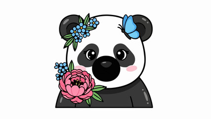 A charming cartoon panda, adorned with blue flowers and a pink peony, a blue butterfly on its ear