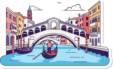 A gondolier glides under a Venetian bridge, flanked by colorful buildings and canals