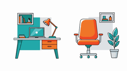 A clean, minimalist illustration of a home office setup with a desk, chair, and plant