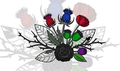 A gothic floral arrangement with thistles, roses, poppies, and thorny branches