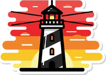 A graphic depiction of a striped lighthouse against a vibrant, layered sunset sky