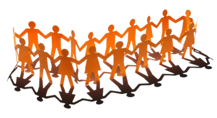 Continuous chain of interconnected, stylized human figures crafted from vibrant orange paper, casting sharp shadows on a transparent background, concept of social connection and teamwork