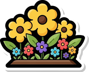 A charming cartoon sticker illustrating a flower box filled with vibrant yellow, red, blue, and purple blossoms