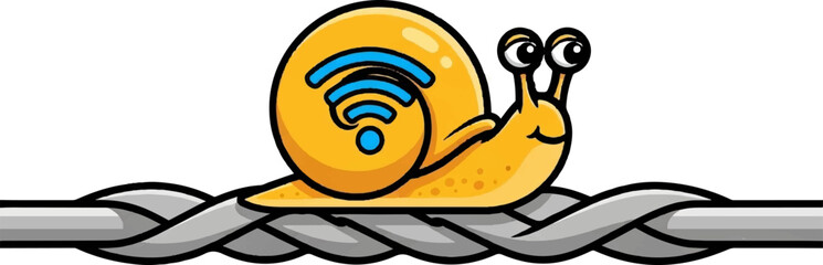 A charming cartoon snail features a blue Wi-Fi signal on its yellow shell, crawling on a gray cable