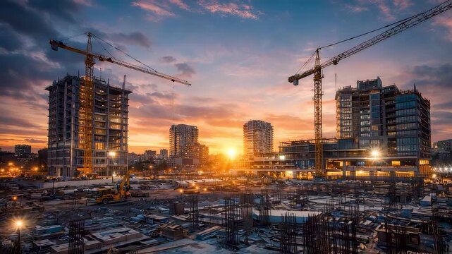 Urban construction site at sunset with multiple cranes, high rise buildings and active development showing city growth and infrastructure expansion
