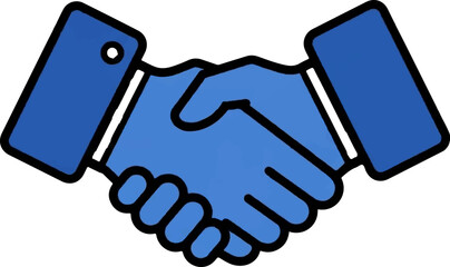 A graphic illustration of two blue hands shaking in agreement