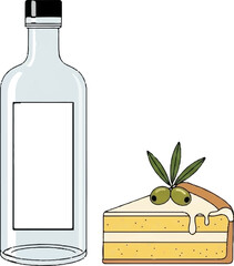 A clear bottle with a blank label stands beside a slice of cake topped with olives and leaves
