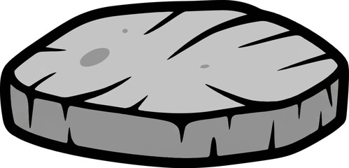 A gray, disk-shaped object with a textured surface and a thick black outline