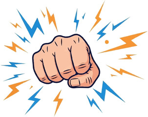 A clenched fist is surrounded by vibrant blue and orange lightning bolts radiating outward