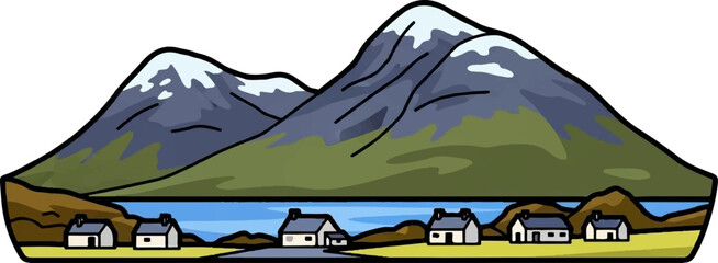 A charming cartoon village with tiny houses nestled by a calm blue lake, backed by majestic snow-capped mountains