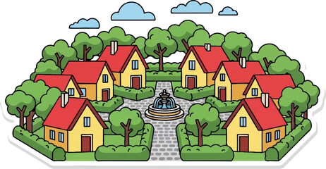 A charming cartoon village with yellow houses, red roofs, green trees, and a central fountain