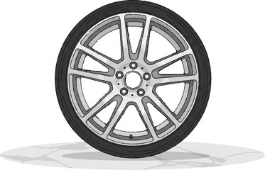 A grayscale illustration of a car wheel with a black tire and a multi-spoke alloy rim