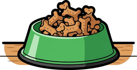 A green bowl overflows with dog bone-shaped treats on a wooden surface