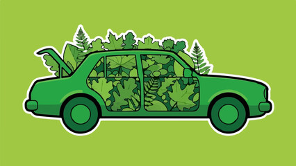 A green car overflowing with lush foliage, suggesting eco-friendly transport