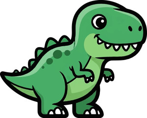 A green cartoon dinosaur stands proudly with a wide smile and sharp teeth