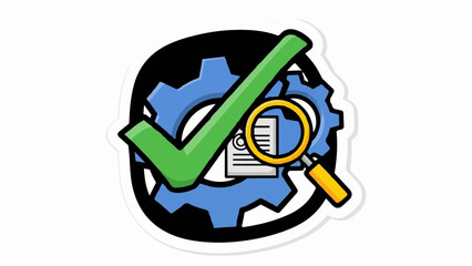 A green checkmark over a blue gear and magnifying glass examining document