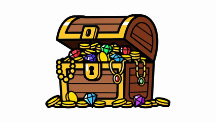 A cartoon treasure chest overflows with gold coins and colorful precious gems © dhea