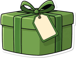 A green gift box with a ribbon and blank tag
