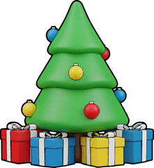 A green Christmas tree adorned with colorful ornaments sits above several wrapped gifts