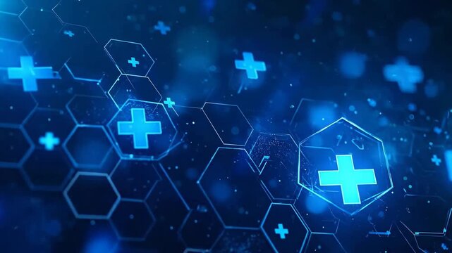 Abstract blue background with glowing plus signs and geometric shapes.