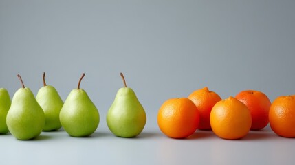 Vibrant arrangement of fresh green and orange pears with subtle bokeh effect on muted gray background, showcasing clean composition and natural textures, ideal for health and food themes
