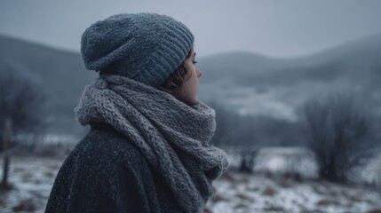 A person standing in a frost-covered winter scene, snow, bare trees and moody sky