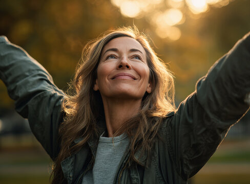 Mujer mayor senior de mas de 50 a&ntilde;os relajandose en un bosque sonriendo haciendo estiramientos con los brazos durante una puesta de sol