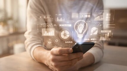 Professional holding smartphone with glowing digital analytics interface displaying innovation insights, performance metrics and modern business intelligence