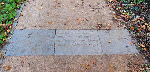 Commemorative stone plaque featuring an excerpt from John Wesley's journal in Downpatrick, Northern Ireland