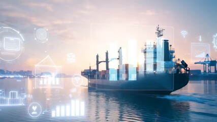 Global cargo shipping vessel at harbor with digital trade analytics overlay showing maritime logistics, supply chain performance and export growth