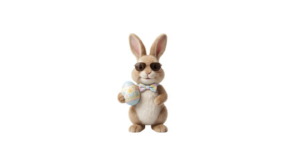 Obraz premium Cute easter bunny wearing sunglasses and bow tie holding decorated easter egg isolated on transparent background. Playful spring holiday character for festive design.