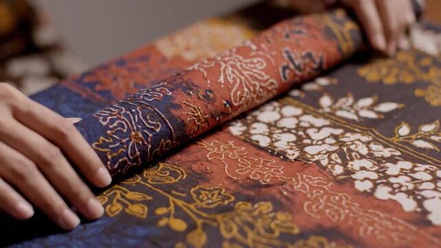 Rolling Up Detailed Batik Fabric with Floral Motifs in Red Brown and Blue Tones Pattern Decorative and Cultural Craft