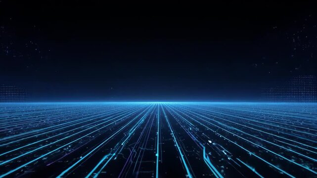 Blue glowing lines converge on a dark horizon, digital texture detail