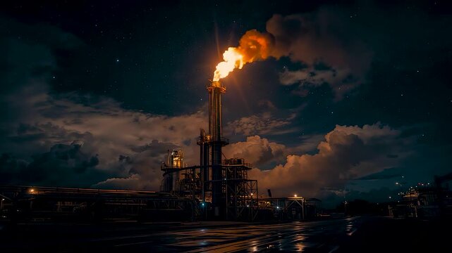 Industrial oil refinery flare stack burning at night with dramatic clouds and illuminated energy infrastructure during active production operations